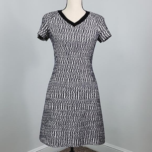 Tory Burch Marbled Woven Tweed V-Neck A-Line Black White Navy Dress 0 - Picture 1 of 15